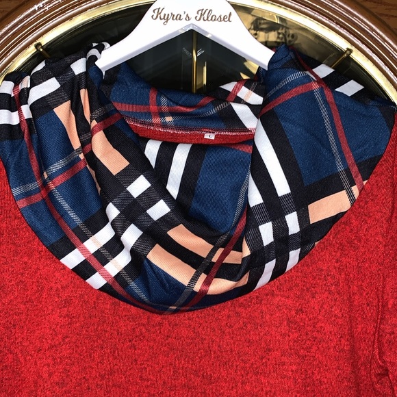 Alaster Queen Brushed Red & Plaid Contrast Cowl Neck Elbow Patch Sweater Dress - Picture 7 of 16